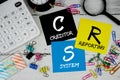 CRS Creditor Reporting System text on paper notes with calculator, alarm clock and magnifying glass Royalty Free Stock Photo