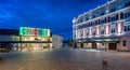 The Crucible Theatre and the Lyceum Theatre lit up at night in Tudor Square, Sheffield, South Yorkshire, UK