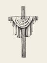 Crucifix, cross and shroud hand drawn. Religious sign. Sketch vector illustration