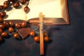 Crucifix cross and wooden Rosary beads Royalty Free Stock Photo