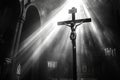 A crucifix illuminated by rays of light in a dark room, signifying divine presence Royalty Free Stock Photo