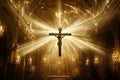 A crucifix illuminated by rays of light in a dark room, signifying divine presence Royalty Free Stock Photo