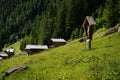 Crucifix and old small wooden houses in the alps Royalty Free Stock Photo