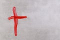 Crucifix ox Jesus Christ made with blood on grey background. Copy space. Top view. Palm Sunday, Good Friday, Easter concept, Royalty Free Stock Photo