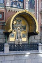 St. Petersburg, Russia, April 2019. Crucifixion of Christ on the wall of the Orthodox Church of the Savior in Blood.