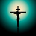 Crucifixion of Jesus Christ on the cross at sunset. Sun Rays.Vector Illustration Royalty Free Stock Photo