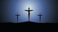 Crucifixion of Jesus Christ on the cross at sunset. Sun Rays.Vector Illustration Royalty Free Stock Photo