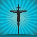 Crucifixion of Jesus Christ on the cross at sunset. Sun Rays.Vector Illustration Royalty Free Stock Photo