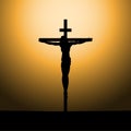 Crucifixion of Jesus Christ on the cross at sunset. Sun Rays.Vector Illustration Royalty Free Stock Photo