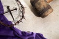 Crucifixion Of Jesus Christ. Cross With three Nails And Crown Of Thorns on ground Royalty Free Stock Photo