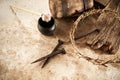 Crucifixion Of Jesus Christ. Cross With three Nails And Crown Of Thorns on ground Royalty Free Stock Photo