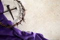 Crucifixion Of Jesus Christ. Cross With three Nails And Crown Of Thorns on ground Royalty Free Stock Photo