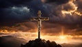 the crucifixion of Jesus Christ, set against a backdrop of a vibrant mountain sunset with dramatic lighting, dark clouds