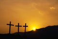 Crucifixion Of Jesus Christ., Three cross silhouette on the mountain at sunset Royalty Free Stock Photo