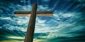 Crucifixion of Jesus Christ, wooden cross, sky at sunset background. 3d illustration Royalty Free Stock Photo