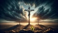 Crucifixion of Jesus with dramatic clouds and a sunrise, symbolizing hope and resurrection