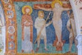 The crucifixion, a medieval fresco in blue Royalty Free Stock Photo