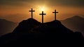 crucifixion, religion and christianity concept - silhouettes of three crosses on calvary hill on golden suset sky background,