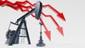 Crude oil market crash concept. Red arrow and oil pumpjack on white background. Digital 3D render.