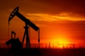 Crude oil Pumpjack on oilfield on sunset. Royalty Free Stock Photo