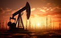 Crude oil Pumpjack on oilfield on sunset.
