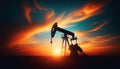 Crude oil pumpjack rig on desert silhouette in evening sunset Royalty Free Stock Photo