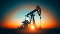 Crude oil pumpjack rig on desert silhouette in evening sunset Royalty Free Stock Photo