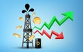 Crude oil, rig and barrel price concept, vector illustration