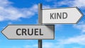 Cruel and kind as a choice - pictured as words Cruel, kind on road signs to show that when a person makes decision he can choose