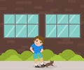 Cruelty Boy Going to Step on Tail of Cat, Bad Behavior Vector Illustration