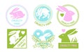 Cruelty-free logos and icons. Vector illustration of green circular and heart-shaped badges with a rabbit and leaf. Used