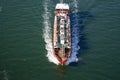 Cruise boat with people top view. Touristic ship on river Douro. Summer voyage. Cruise journey.