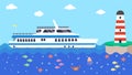 Cruise boat in sea near lighthouse, vector illustration. Ship travel in cartoon ocean, wave water marine. Vacation blue