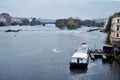 Cruise boat ship at harbour port for send receive Czechia people and foreign travelers passenger tour Praha old town city in Royalty Free Stock Photo