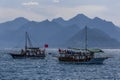 Cruise boats carrying tourists sail through Antalya Bay in Antalya, Turkey.