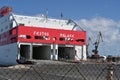 Cruise ferry Festos Palace with red and white hull is flagship of the Minoan Lines and is moored in port of Heraklion in Crete.