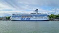 View of the ferry of the Silja Line shipping company at the pier in Helsinki, Finland