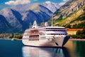 cruise liner on the background of mountains 3d illustration. Generative AI Royalty Free Stock Photo