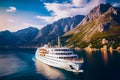 cruise liner on the background of mountains 3d illustration. Generative AI Royalty Free Stock Photo