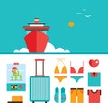 Cruise liner boat background and Summer vacation design elements set