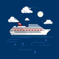 Cruise Liner Flat style vector illustration. White Big Cruise ship drifts in the ocean at night time Royalty Free Stock Photo