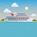 Cruise Liner Flat style vector illustration. White Big Cruise ship drifts in the ocean at night time Royalty Free Stock Photo