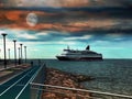 Cruise liner at night moon on dark summer cloudy sky, ship going to port at sea and on pier people walk urban lifestyle nature b