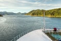A view of beautiful Queen Charlotte Sound, New Zealand, from the bow of a cruise ship