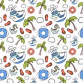 Cruise liner trip to tropical island. Vector seamless pattern on white background. Marine vacation activity