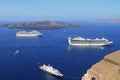 Cruise liners on parking at volcanic island. Santorini, Greece Royalty Free Stock Photo