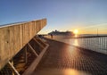 Cruise new port Promenade pier in harbor sunset and sea water wave reflection people walk and relax modern urban  architecture por Royalty Free Stock Photo