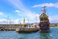 Cruise pirate ship for tourists, wooden, colorful. Lined up at the pier in Sopot. Gdansk Bay, Baltic Sea, Poland Royalty Free Stock Photo