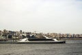 Cruise pleasure boat stands on the pier in the port Bay waiting for passengers. Baku bay. Azerbaijan.