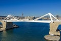 Cruise Port with its bridge Porta d`Europa and the aerial tramway tower Torre Jaume I in Barcelona Royalty Free Stock Photo